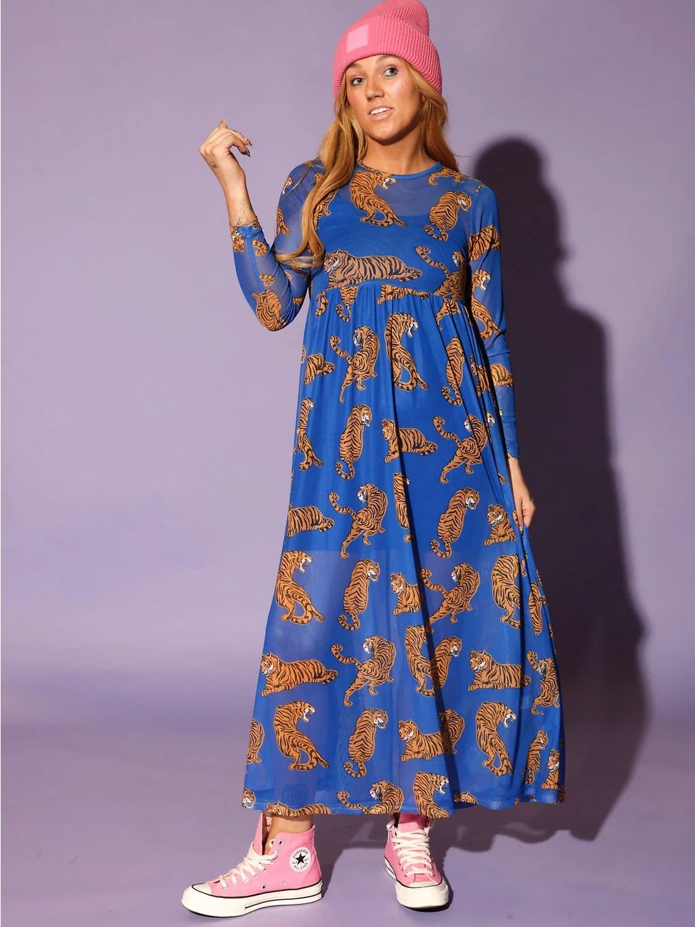 Emy Ave Burnt Toast Blue Electric Jungle Tiger Mesh Maxi Dress 2X/3X